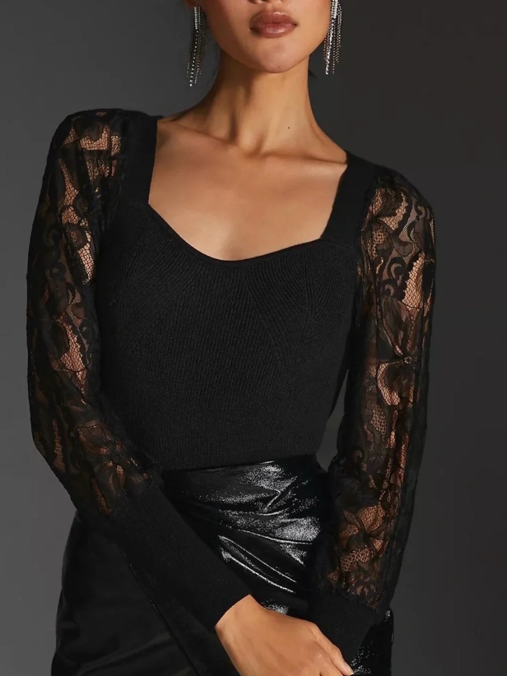 NWT Anthropologie Black Lace-Sleeve Square Neck Sweater